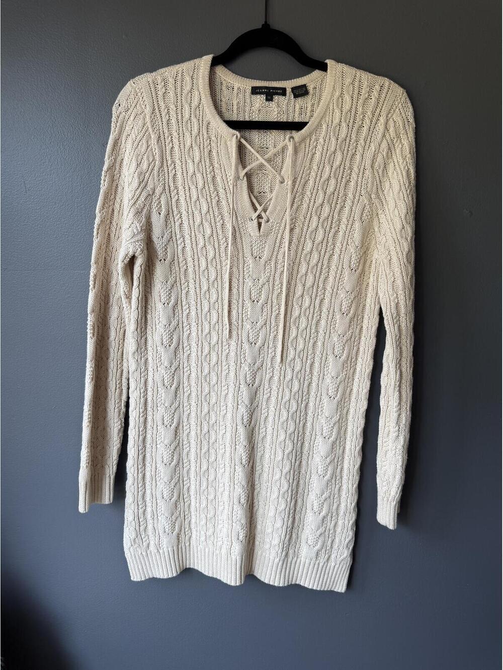 Jeanne Pierre Cream Cable Knit Sweater Dress with Lace-Up Neck